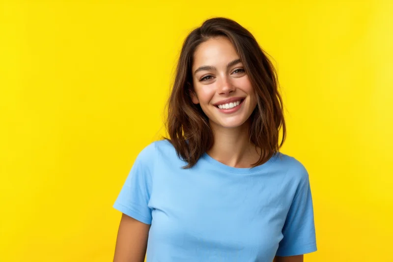Young woman smiling in a blue tshirt against a yellow background