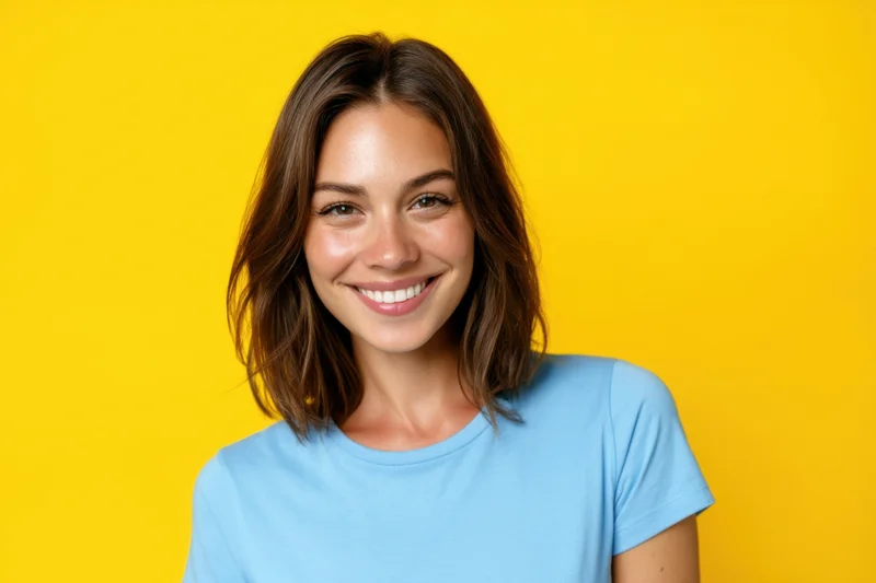 Young woman smiling in a blue tshirt against a yellow background