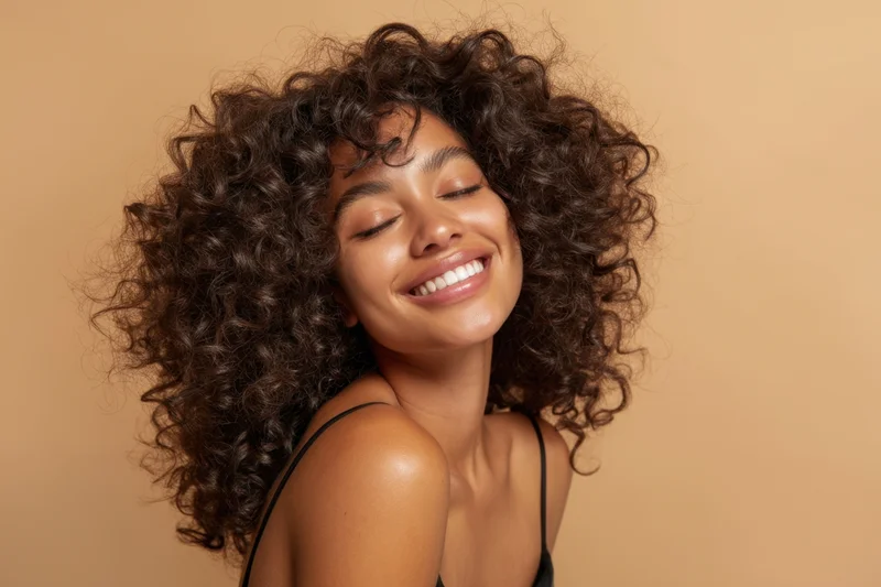 Young woman with voluminous curly hair smiling with closed eyes in studio portrait