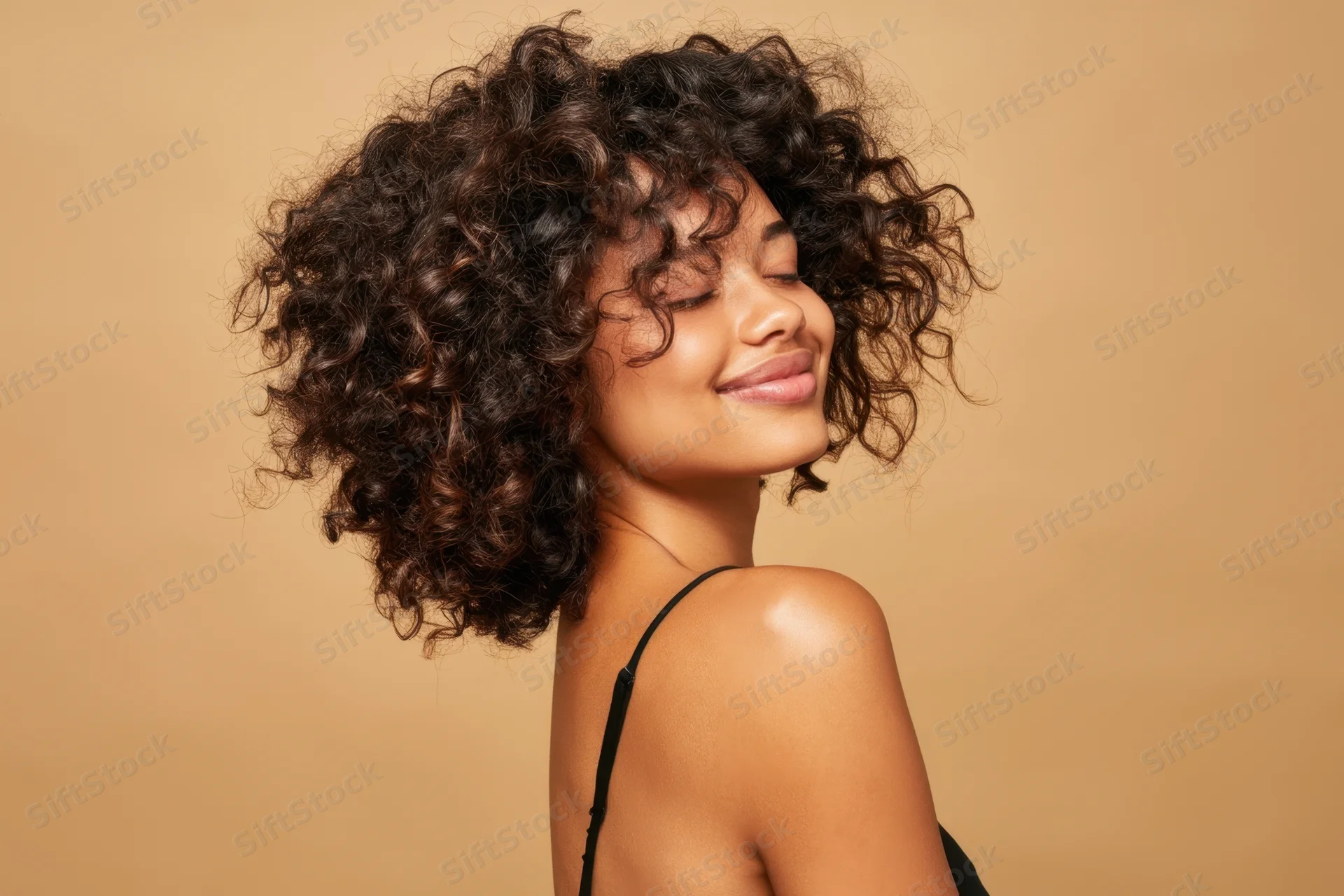 Young woman with voluminous curly hair smiling in studio portrait