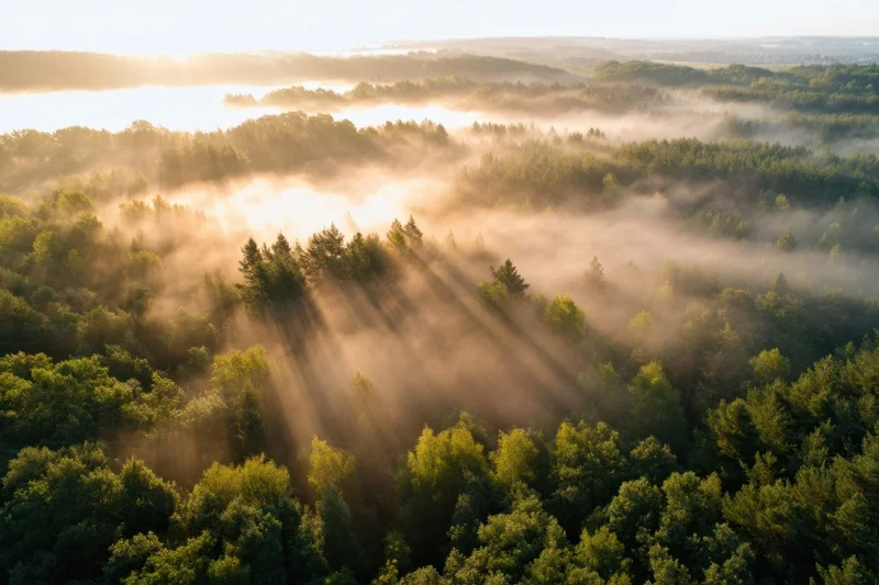 Aerial view of misty forest at dawn with sunbeams cutting through fog