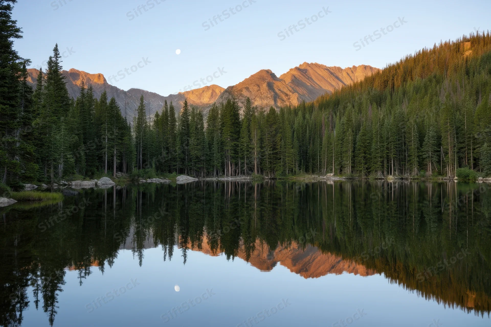 Alpine lake reflecting mountains and evergreen trees at dusk