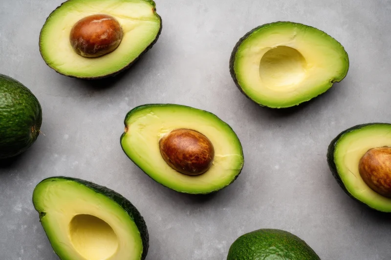 Halved avocados with pits scattered on a gray surface