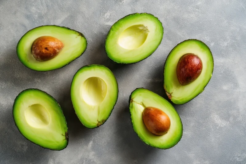 Avocado halves scattered on a neutral gray background