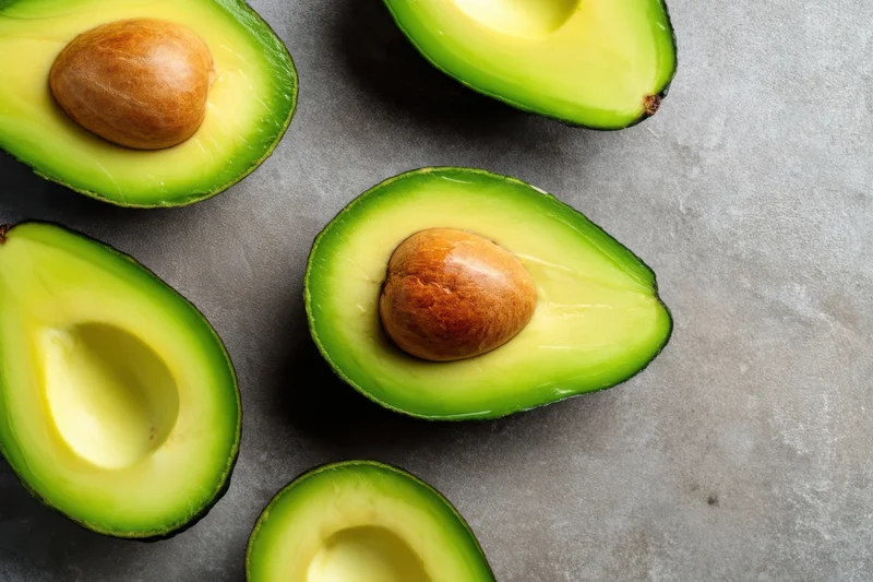 Halved avocados with pits arranged on a gray surface