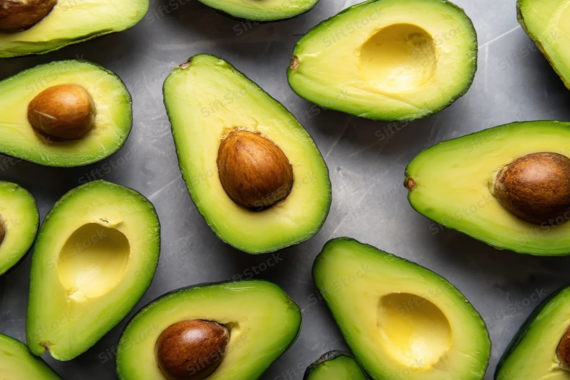 Halved avocados with pits scattered on a gray surface