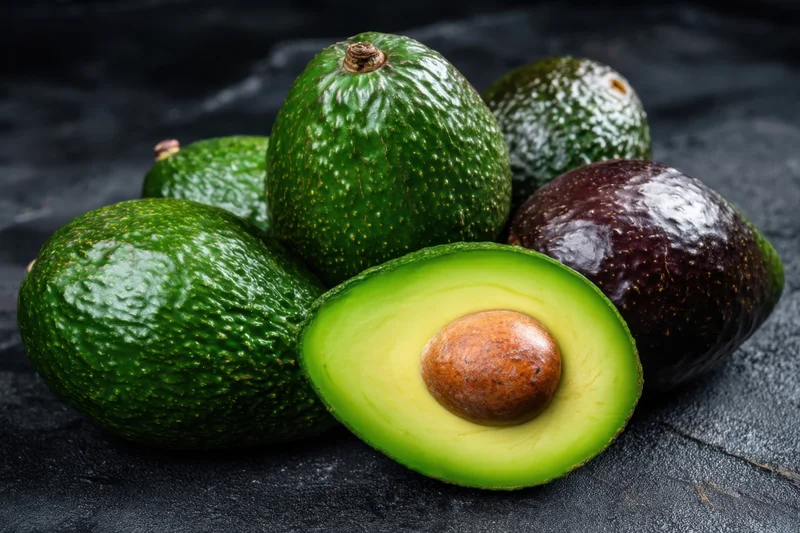 Whole and halved avocados arranged on a dark slate surface showing green flesh and pit
