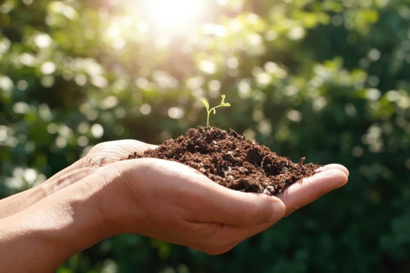 Hands cupping soil with a small sprout emerging in sunlight outdoors
