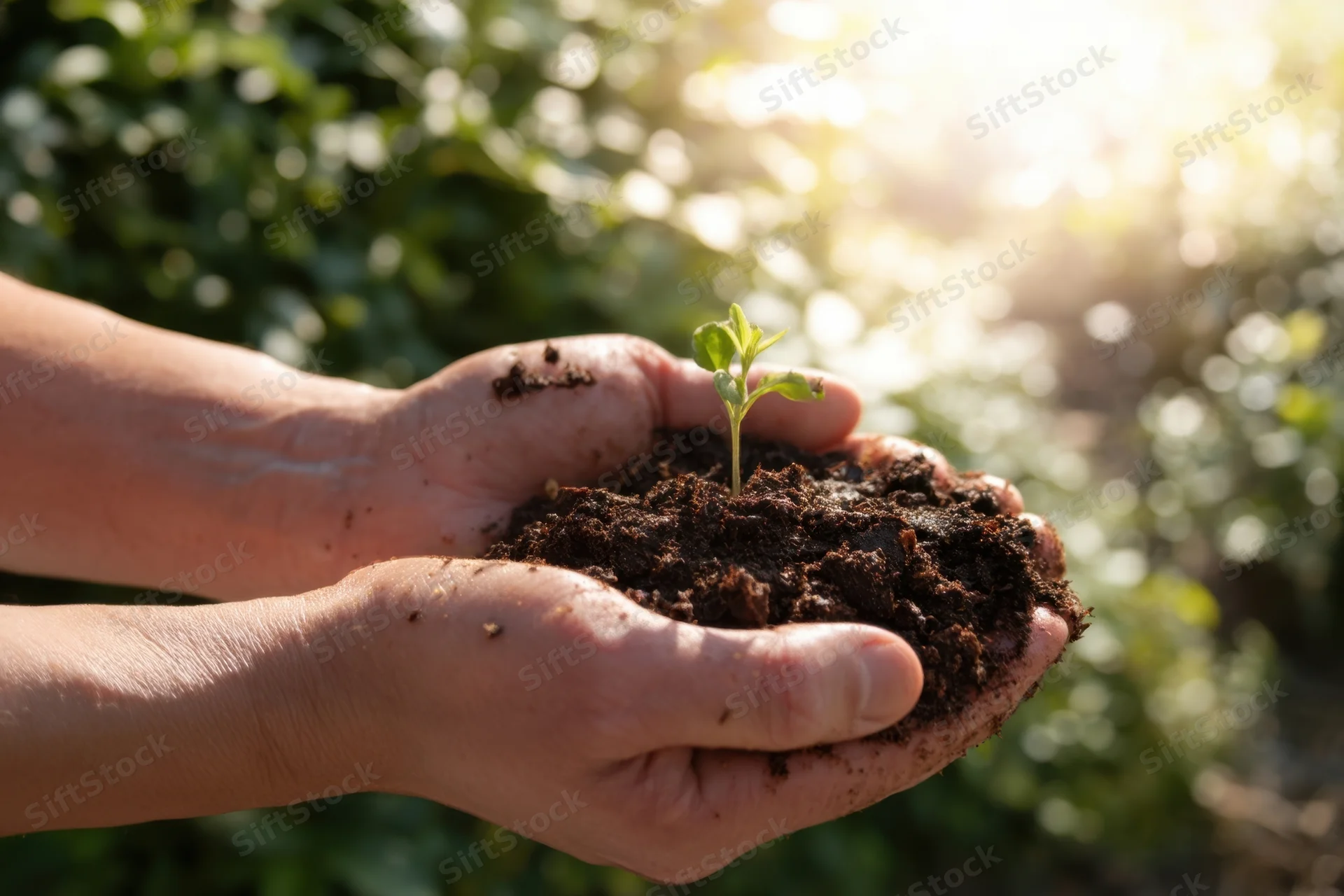 Hands cupping rich soil with a small sprout emerging in sunlight outdoors
