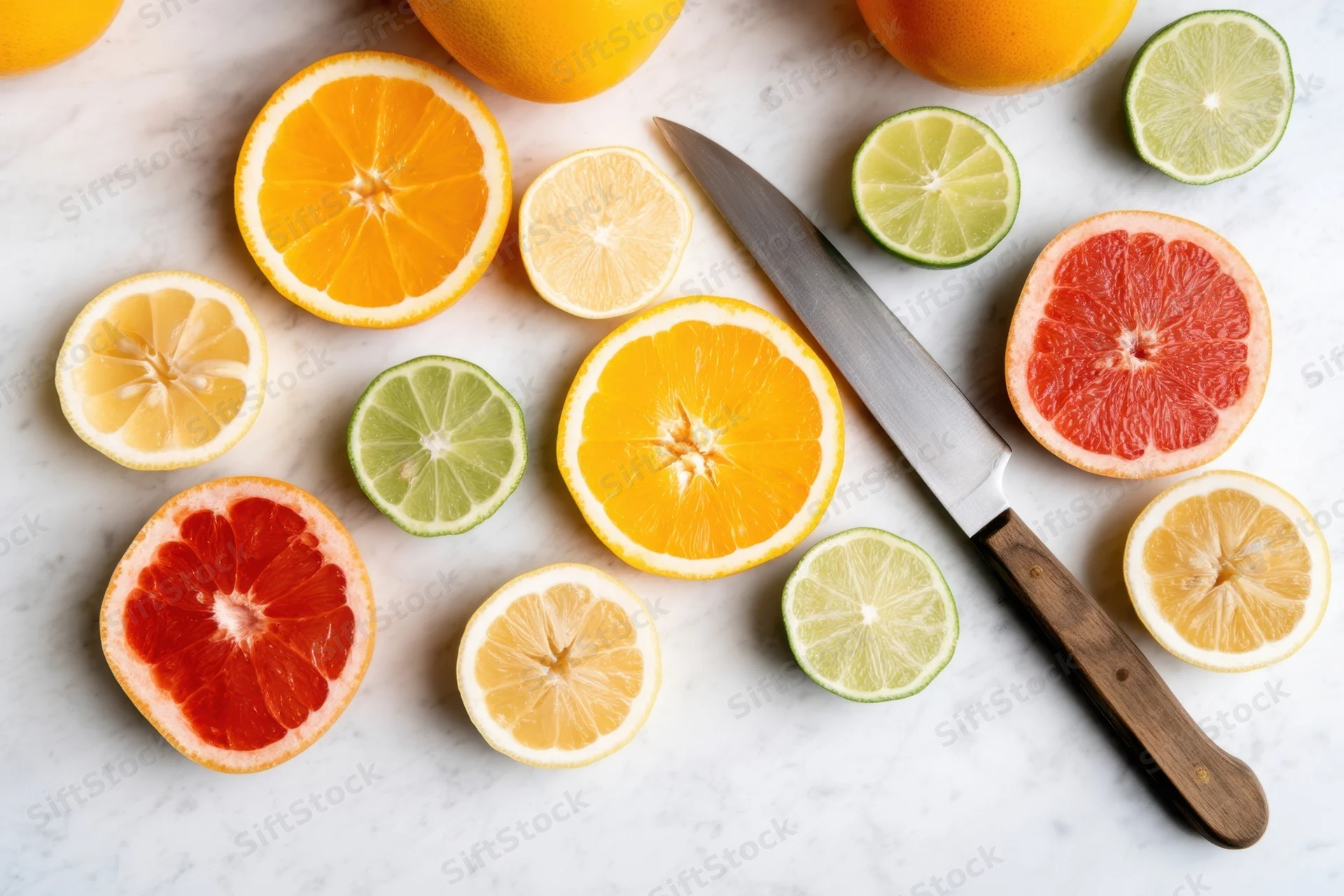 Sliced citrus fruits arranged on a white marble surface with a knife