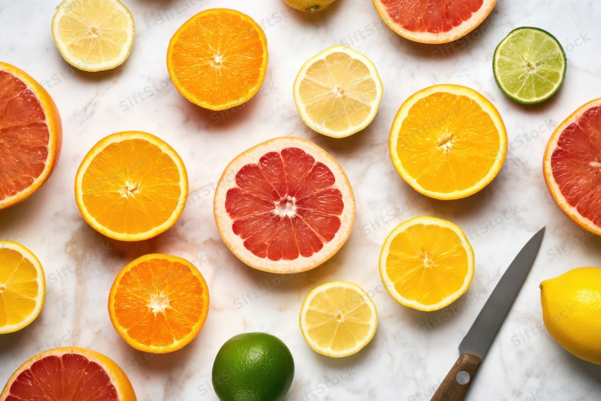 Sliced citrus fruits arranged on a white marble surface with a knife
