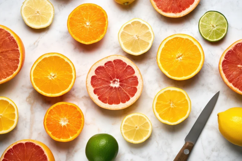 Sliced citrus fruits arranged on a white marble surface with a knife