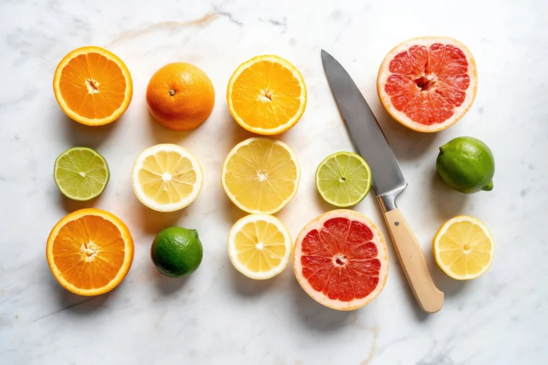 Sliced citrus fruits arranged on a white marble countertop with a knife