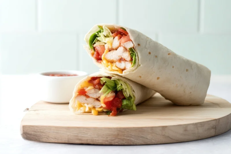 Two burritos with chicken and vegetables on a wooden board, one cut open to show filling