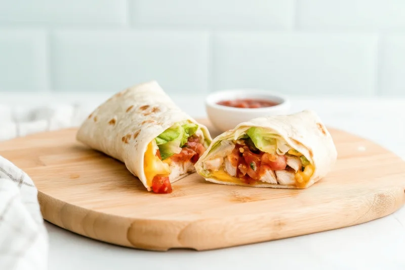 Two burritos on a wooden cutting board one cut open with visible fillings of chicken cheese lettuce and tomato beside a small bowl of salsa