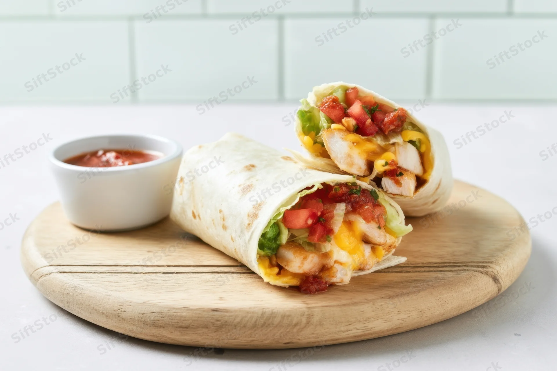 Two burritos on a wooden serving board one cut open with salsa on the side
