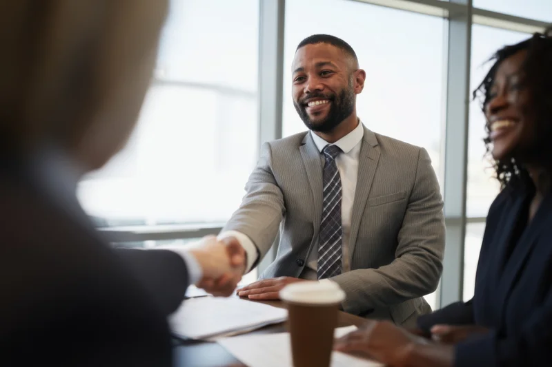 Man in suit shaking hands with another professional at office table during meeting