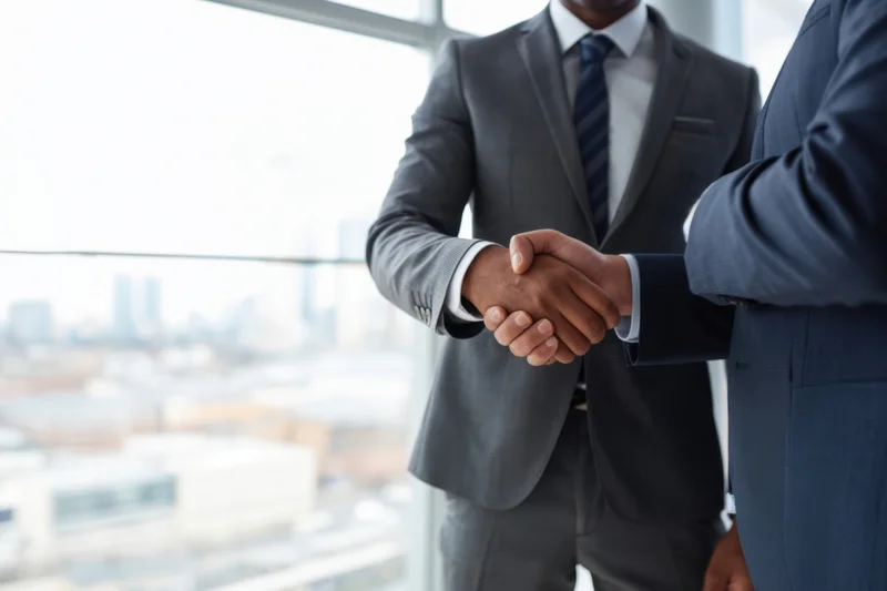 Two businessmen in suits shaking hands by a window overlooking a city skyline