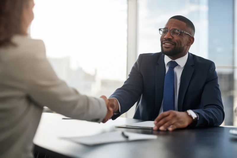 Businessman in suit shaking hands with woman across conference table in office
