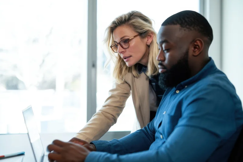 Two colleagues collaborating over a laptop in a bright office