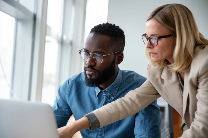 Two colleagues collaborating over a laptop in a bright office