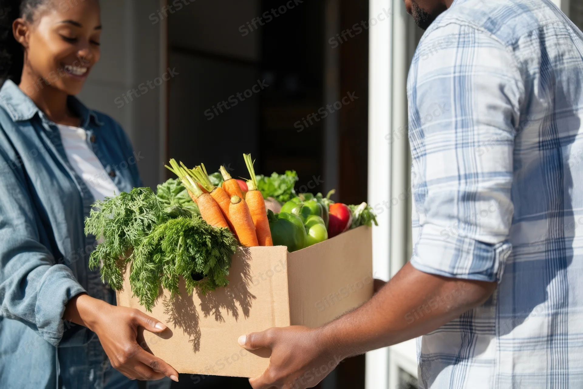 Woman and man exchanging a cardboard box of fresh vegetables at a home door