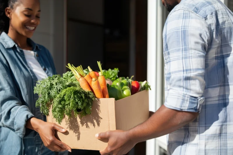 Woman and man exchanging a cardboard box of fresh vegetables at a home door