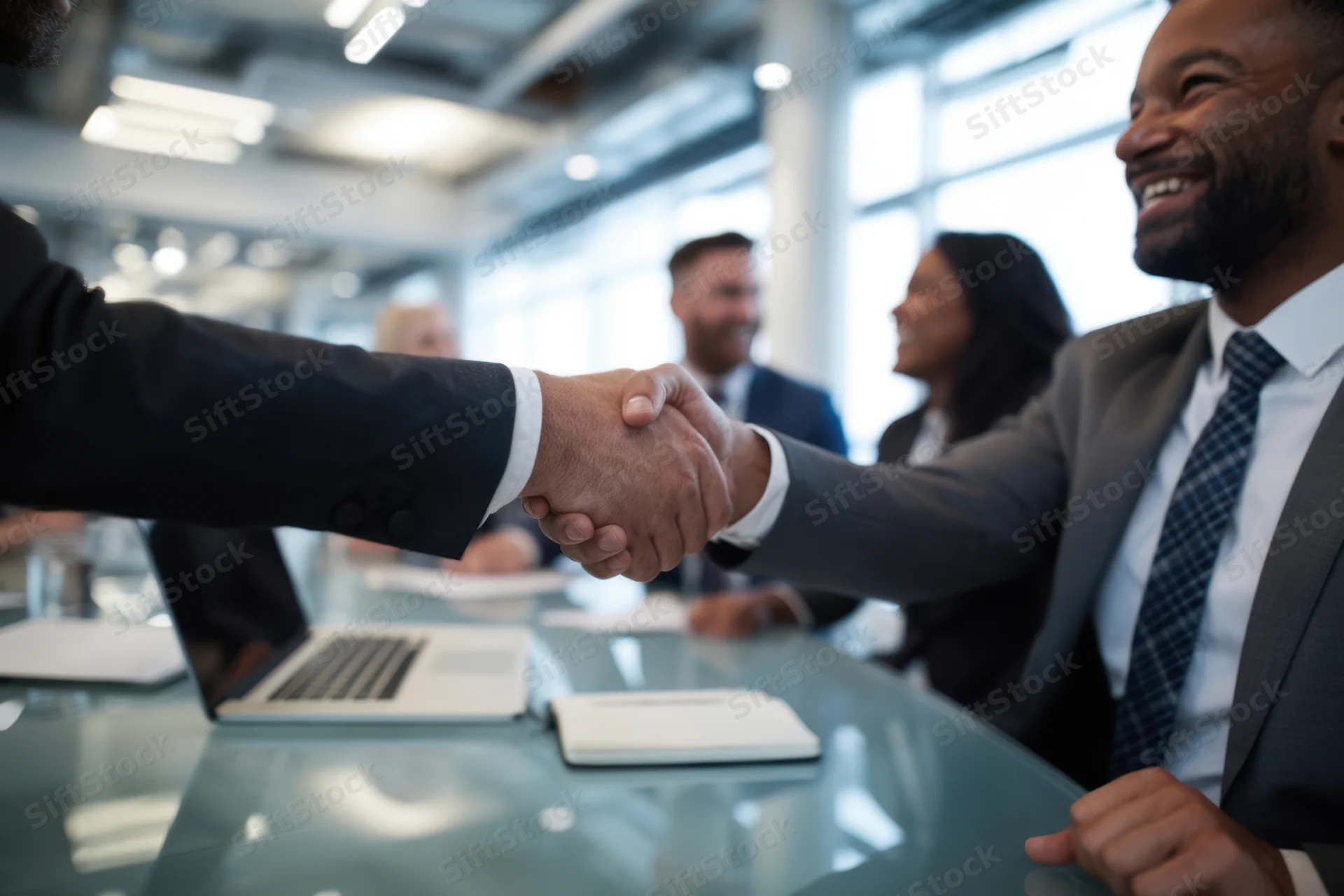 Two men in suits shaking hands across a glass conference table in an office meeting
