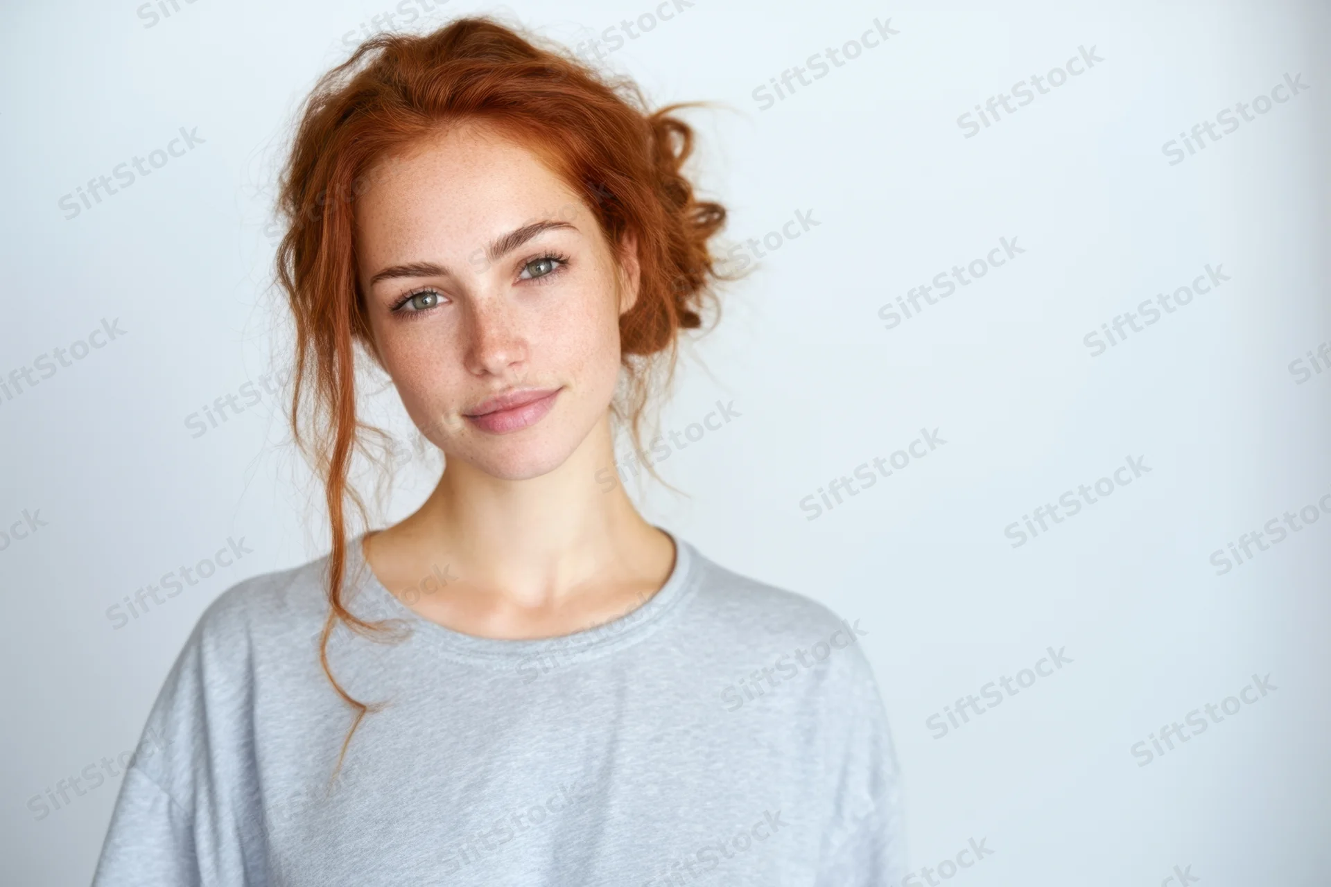 Young woman with red hair in loose bun wearing gray shirt, looking at camera with calm expression against white background