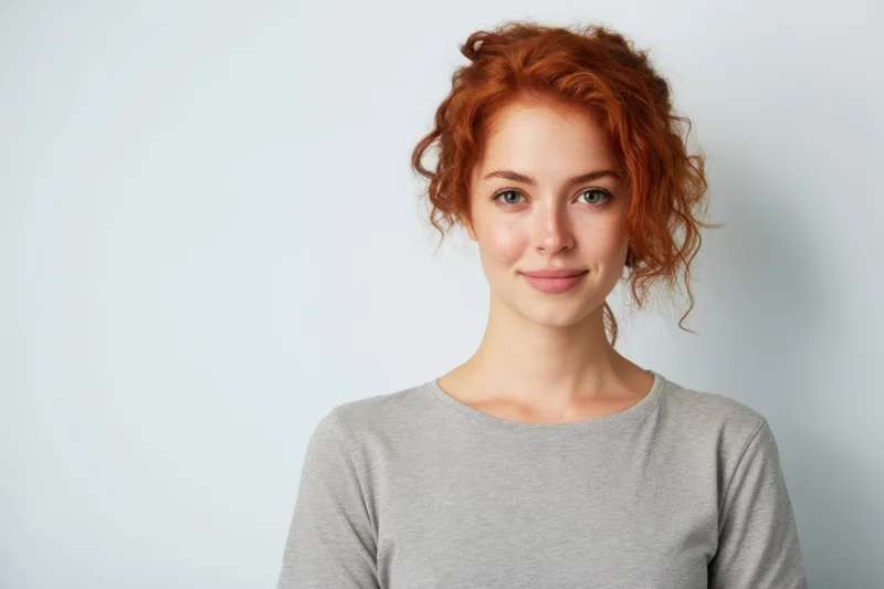 Young woman with red hair in a loose bun smiling softly in a studio portrait wearing a gray tshirt