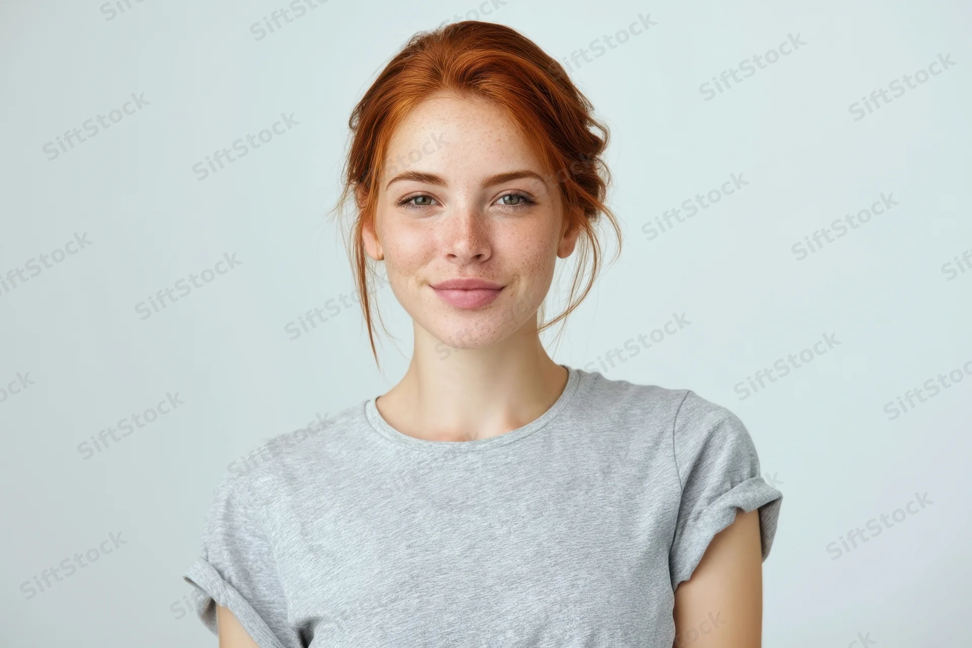 Young woman with red hair in a loose bun smiling at camera in studio setting