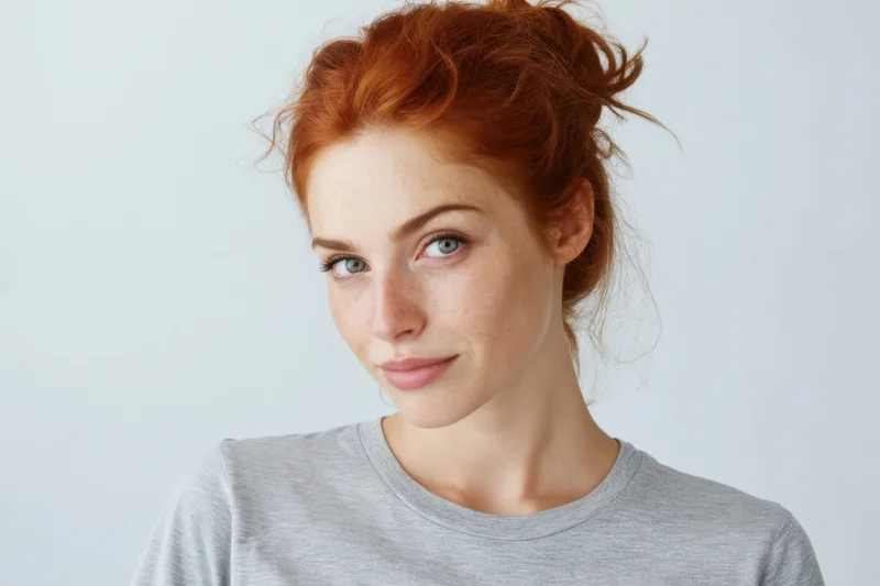 Young woman with red hair in loose bun looking at camera in studio setting