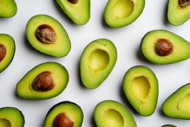Halved avocados scattered on a white background in a flat lay arrangement
