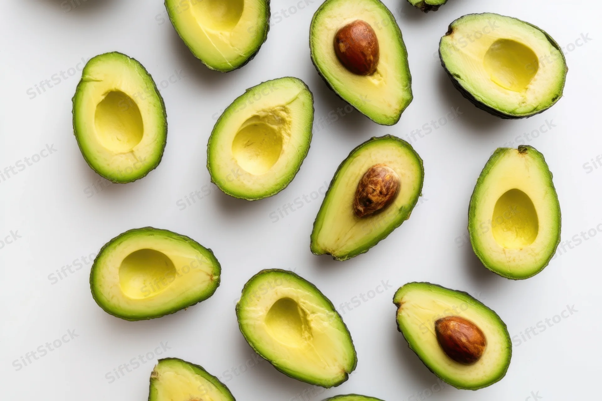 Halved avocados scattered on a white surface with some pits visible