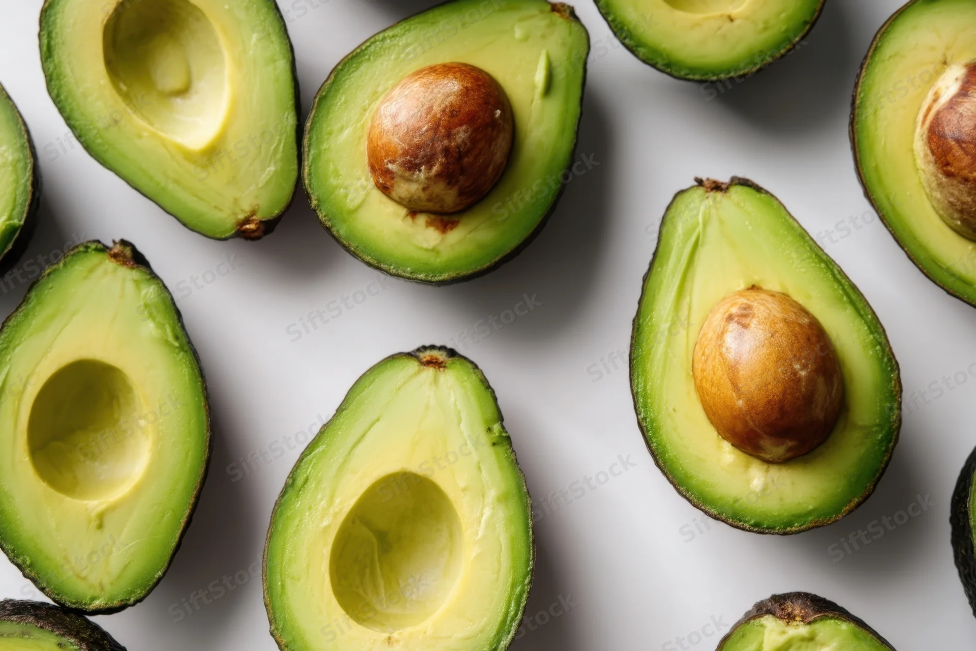 Halved avocados arranged on a white surface showing green flesh and pits