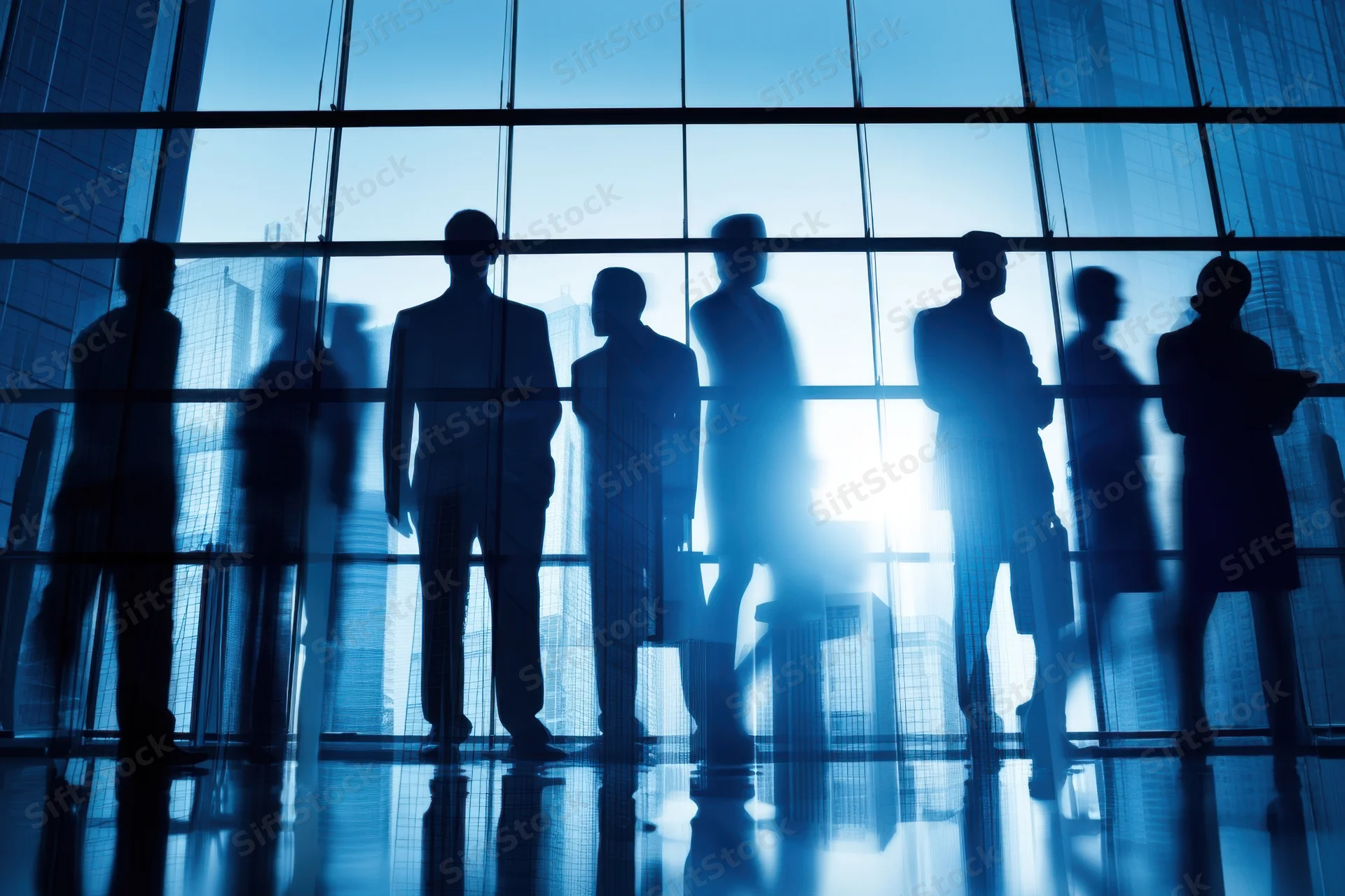 Silhouettes of business professionals standing in a modern glass-walled office lobby with city skyline visible through the windows