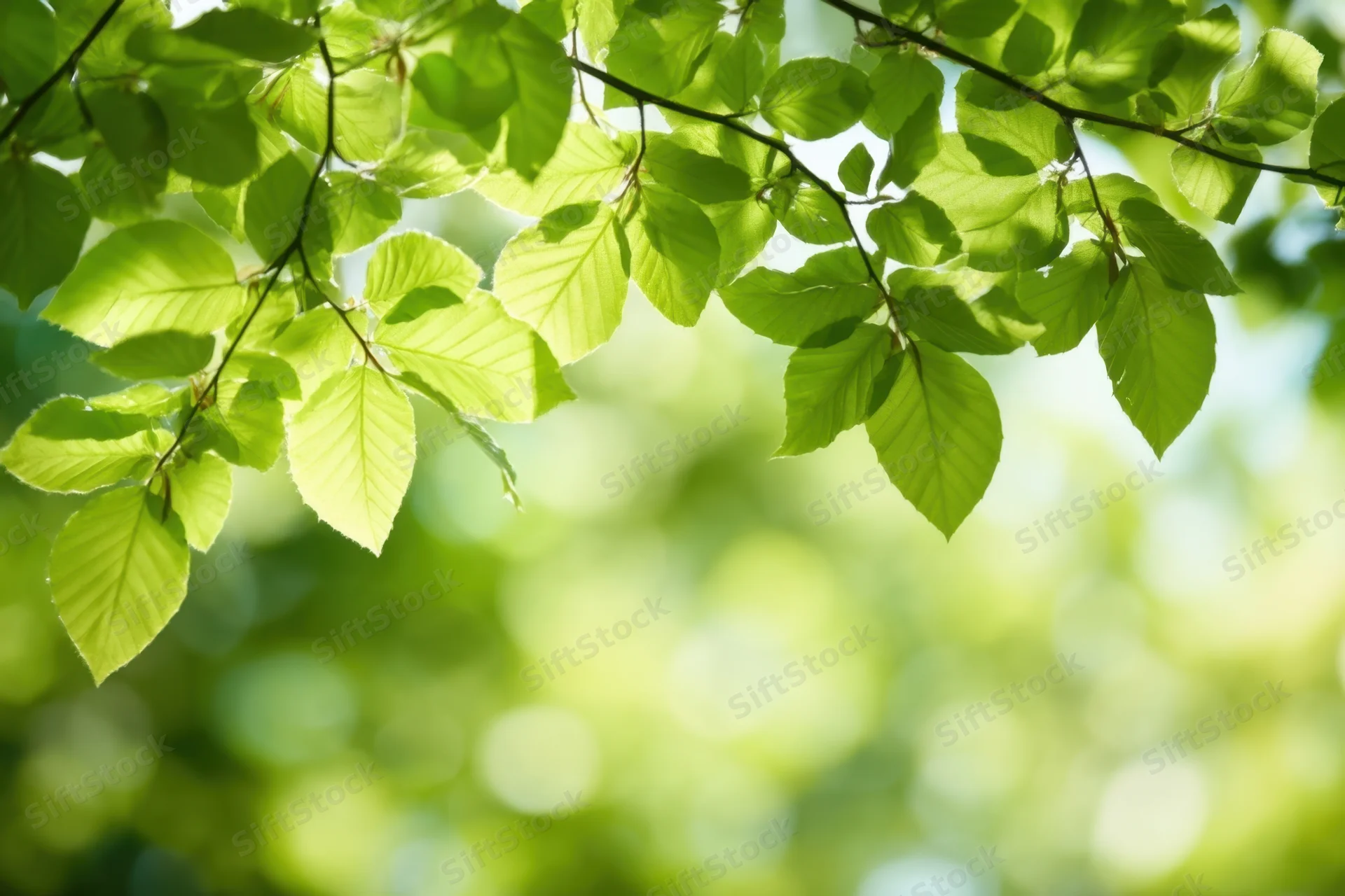 Sunlit green leaves arching overhead with soft bokeh background