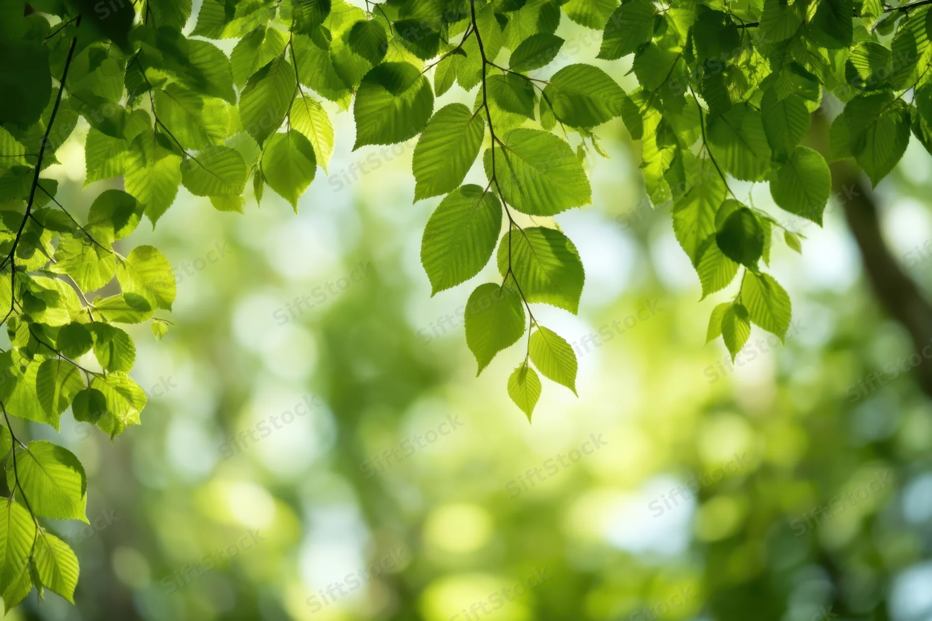 Sunlit green leaves arching overhead in a natural outdoor setting
