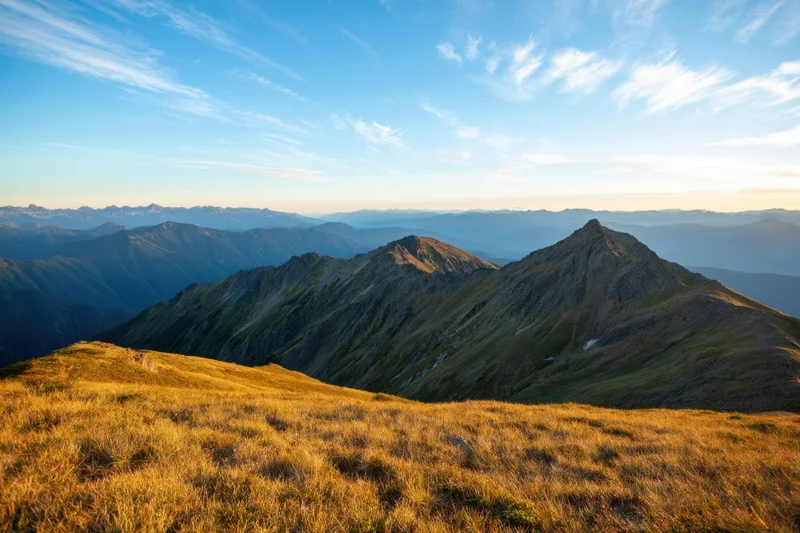 Panoramic mountain vista at sunrise with golden grassy foreground and layered peaks under clear blue sky