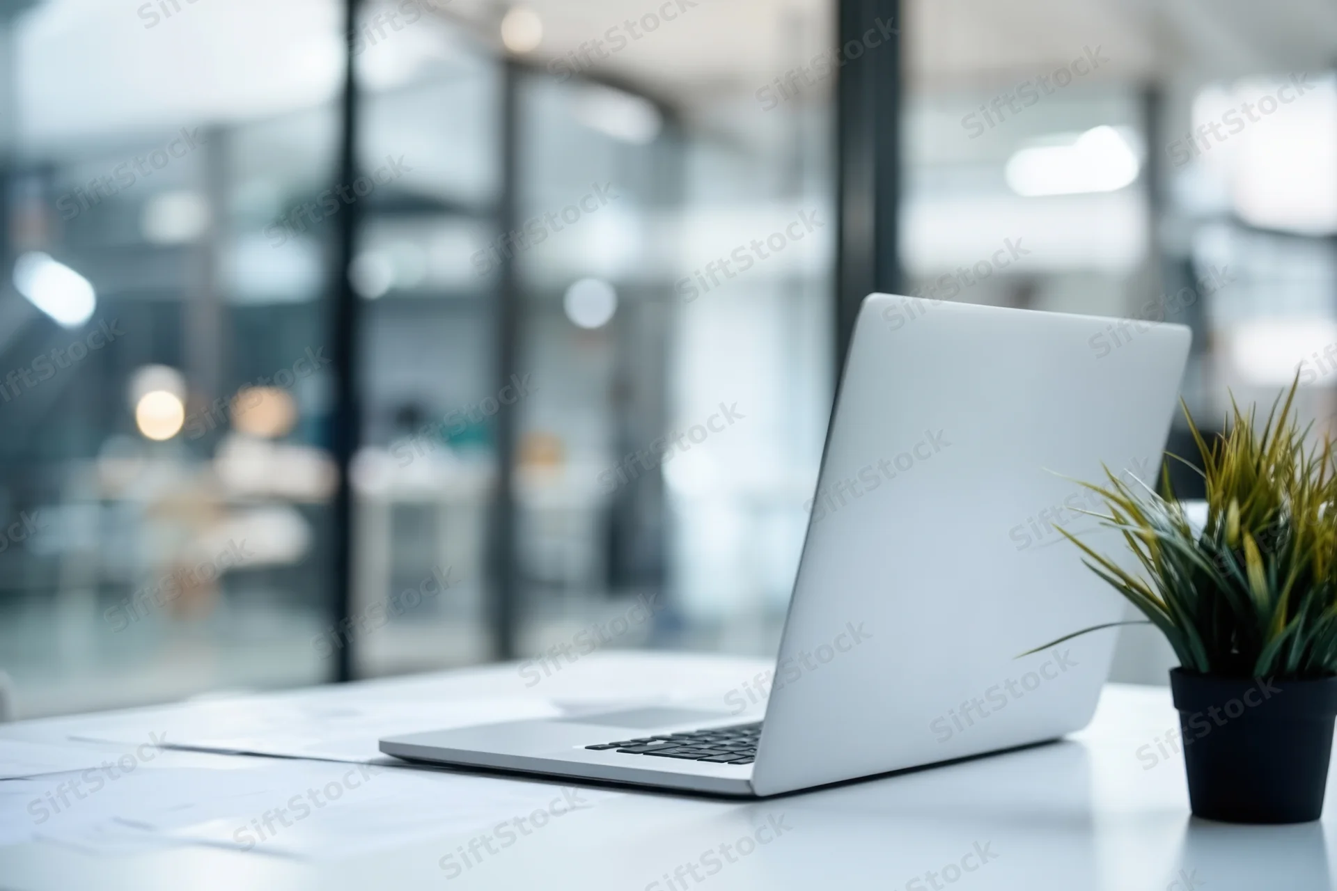 Silver laptop open on a white desk beside a small potted plant in a bright modern office with glass walls and blurred background