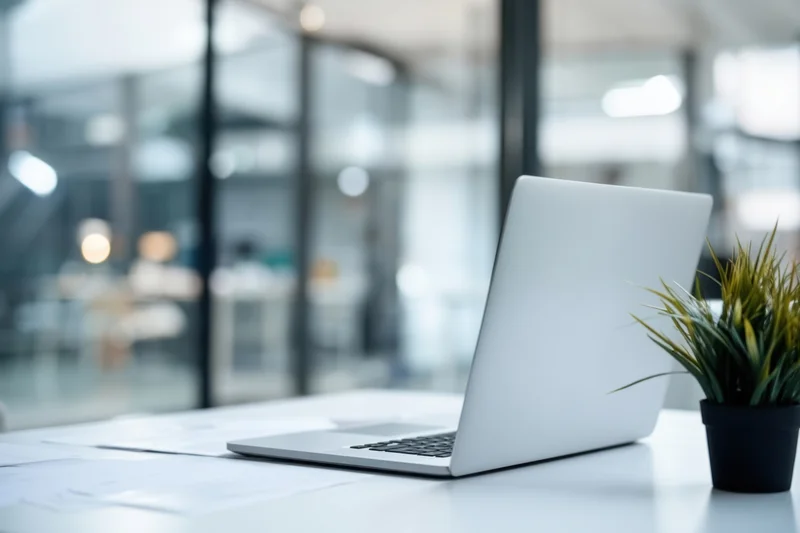 Silver laptop open on a white desk beside a small potted plant in a bright modern office with glass walls and blurred background
