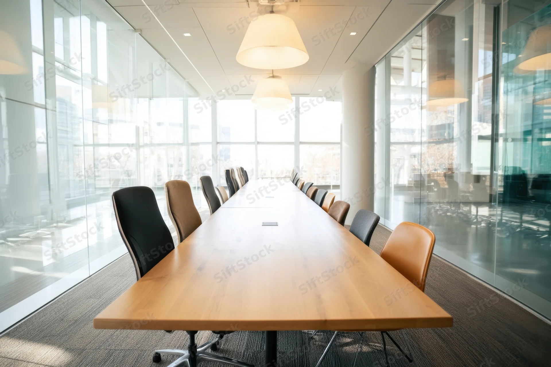 Long wooden table with chairs in a modern glass-walled conference room