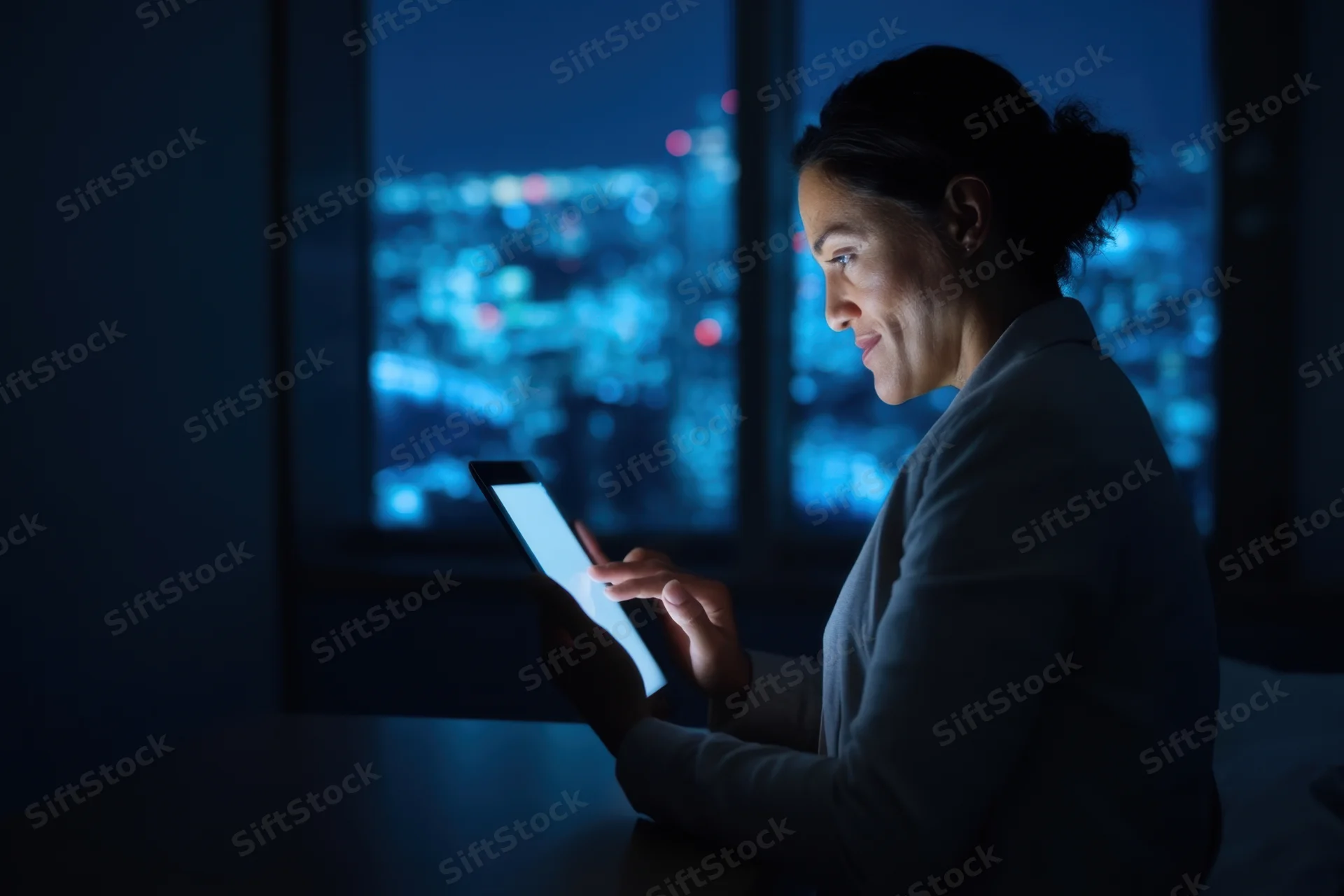 Woman using tablet in dark room with city lights visible through window