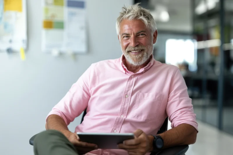 Senior man smiling while holding tablet in office setting