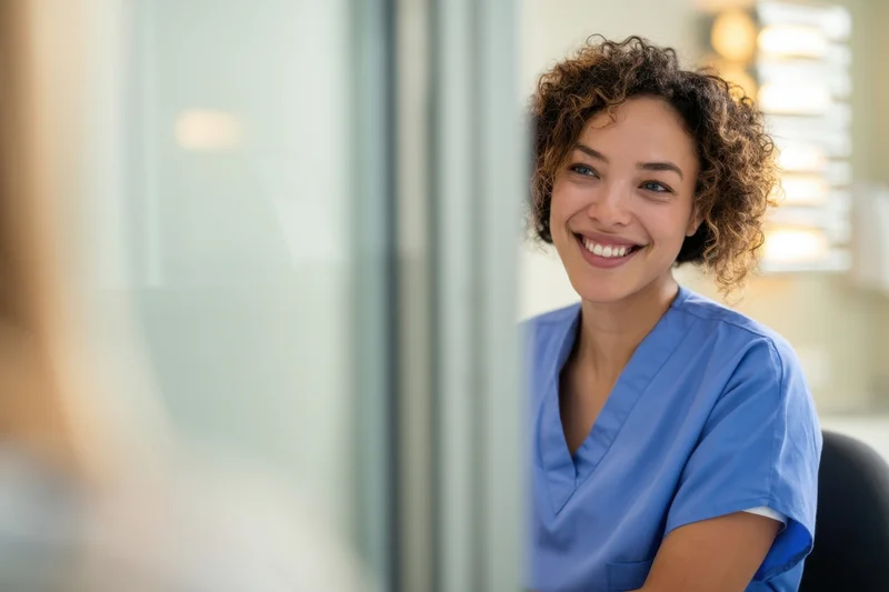 Nurse in blue scrubs smiling during patient consultation in clinic