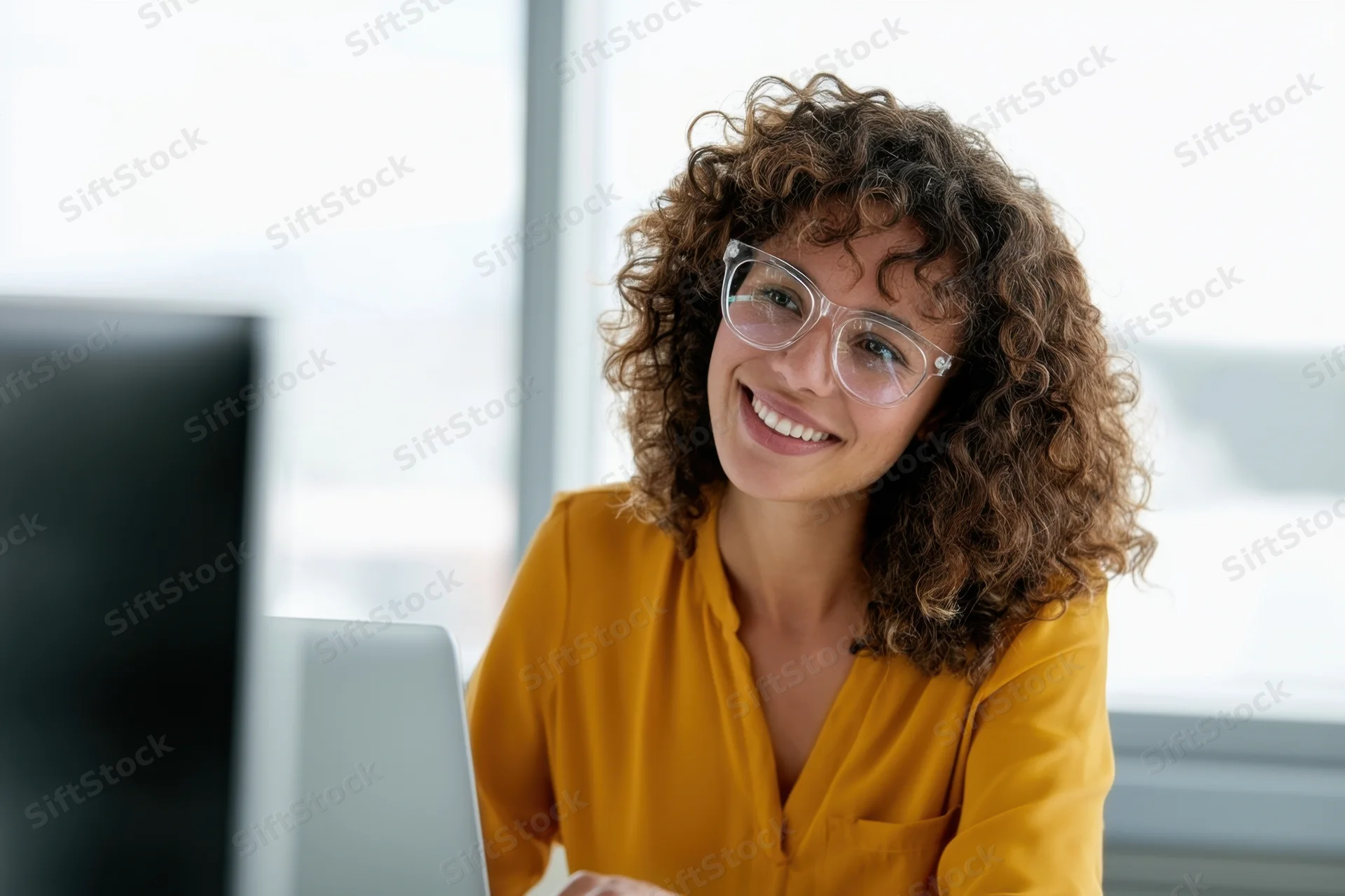 Woman smiling at camera while working on laptop in office