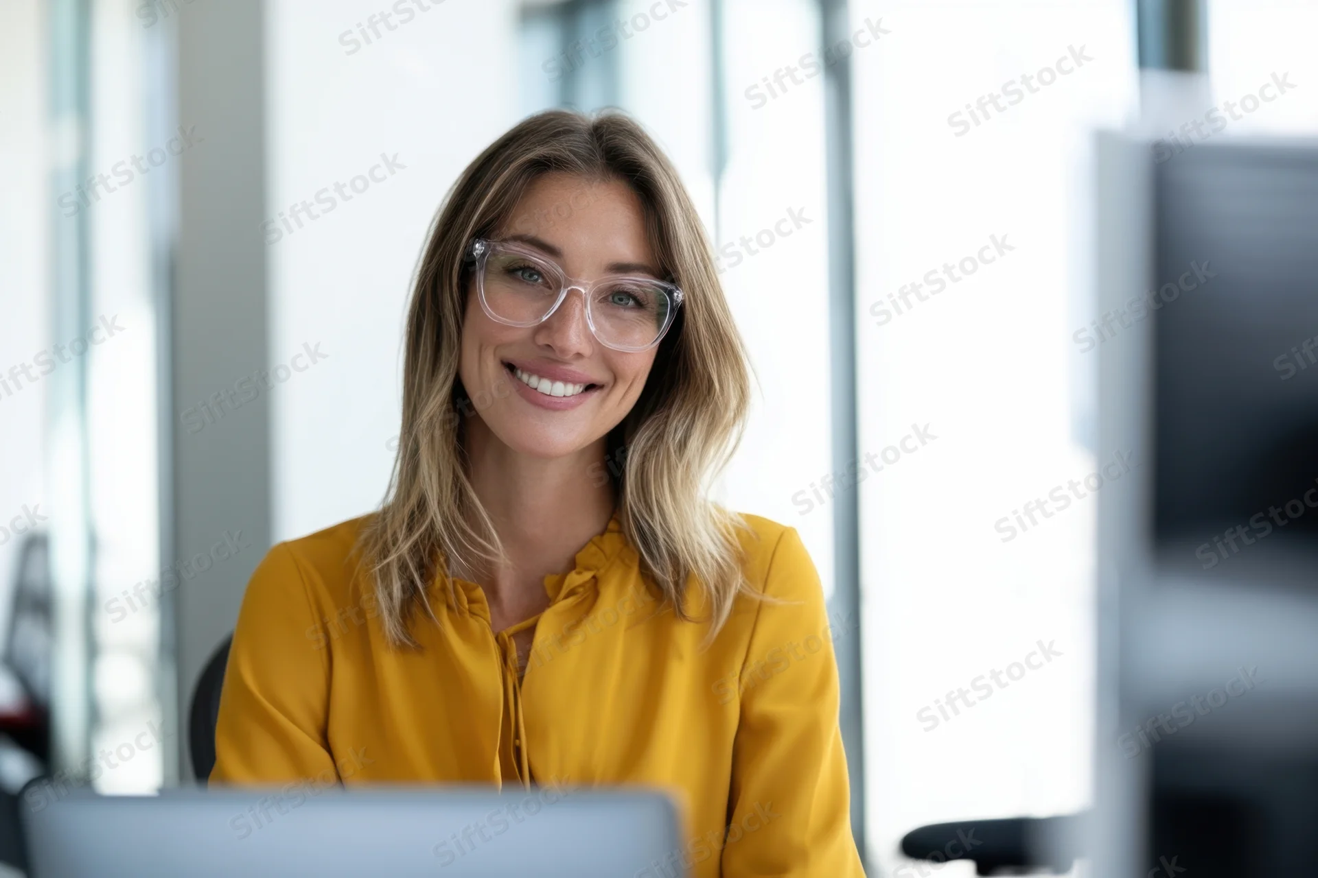 Woman smiling at camera in office wearing yellow blouse and clear glasses near laptop
