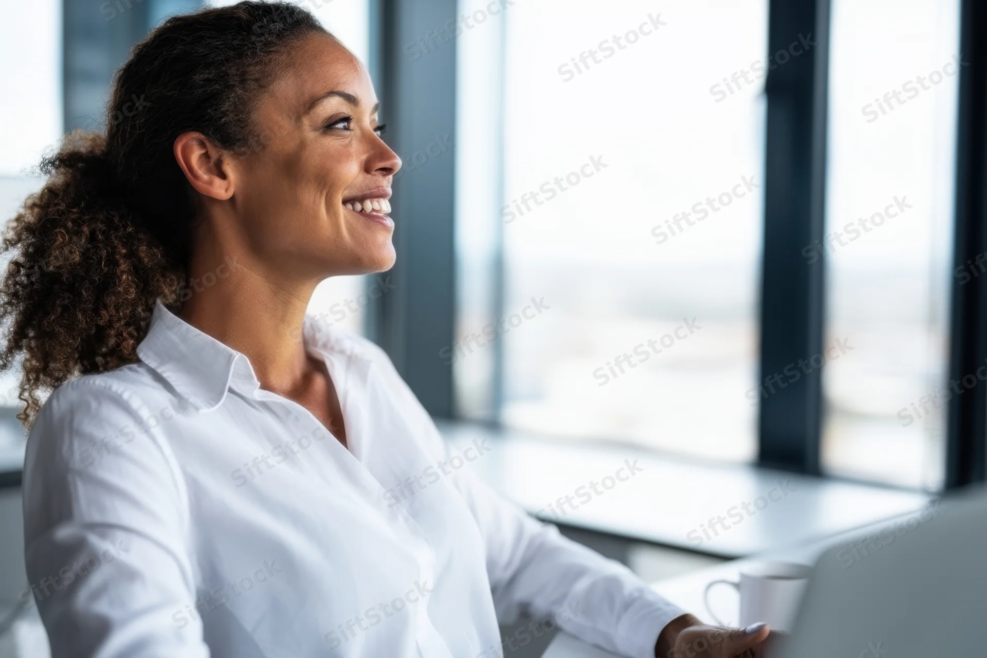 Woman smiling while sitting at desk by window in office