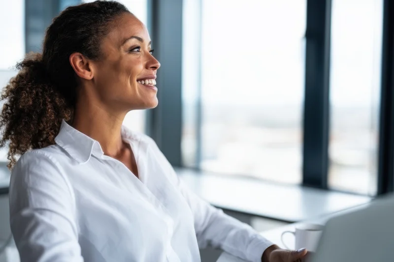 Woman smiling while sitting at desk by window in office