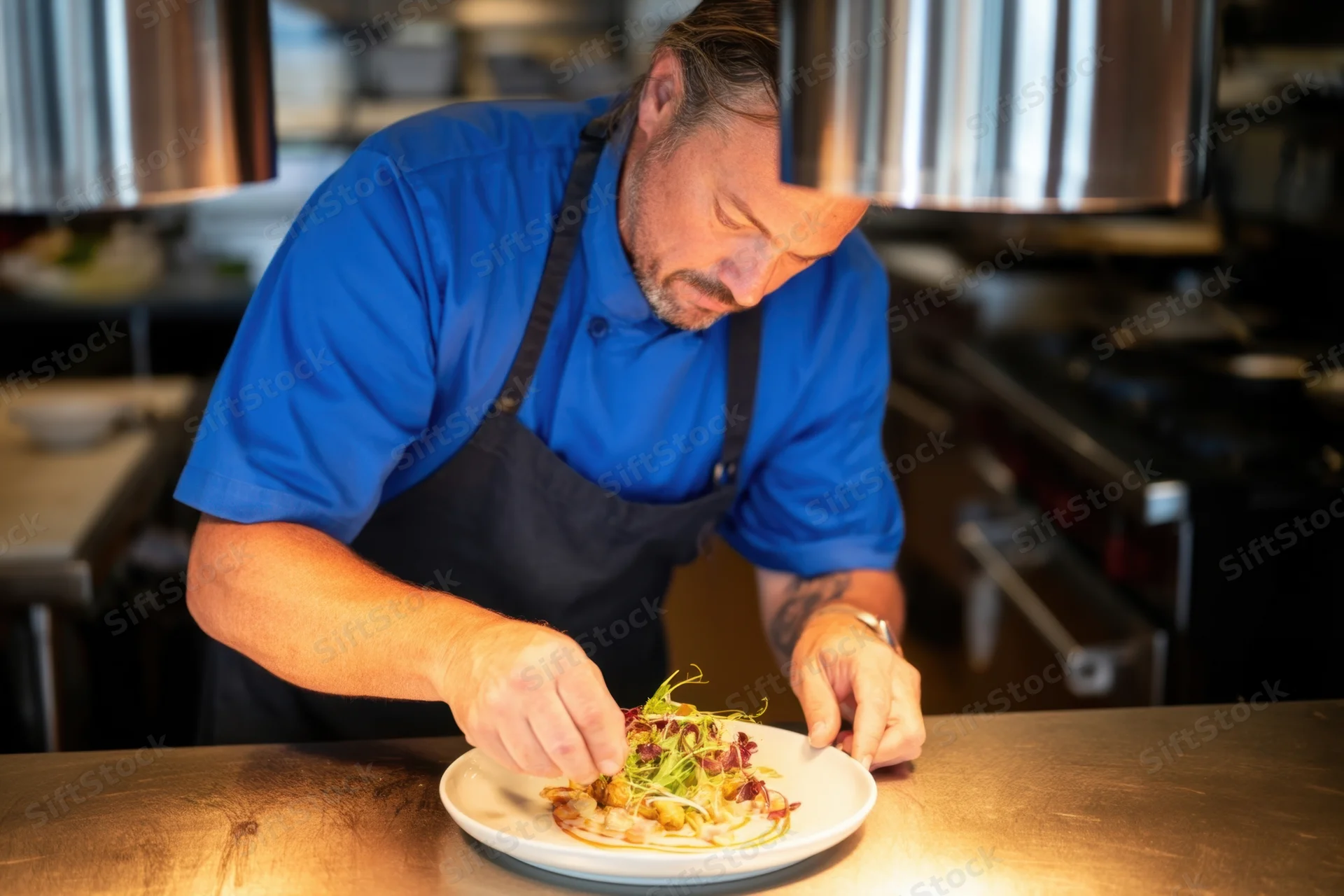 Chef plating a gourmet dish in a restaurant kitchen